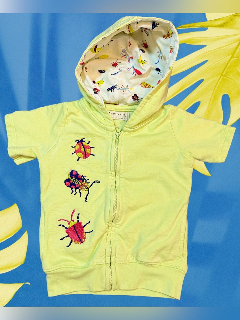Monica + Andy Organic Cotton Lime Green Bug Embroidered Hoodie 12-18M